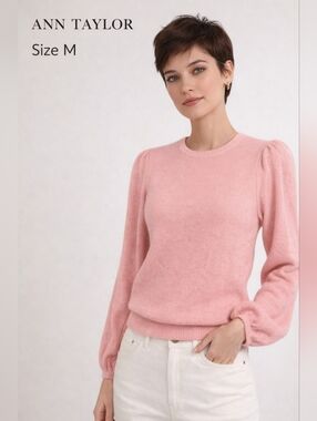 Ann Taylor Pink Puff Sleeve Sweater Women’s Size M Crew Neck Knit NWT